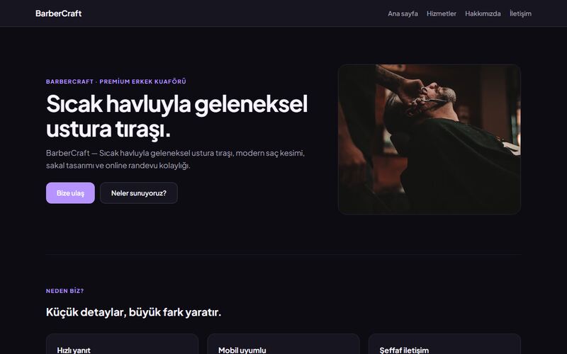 BarberCraft örnek sitesinin ana sayfası